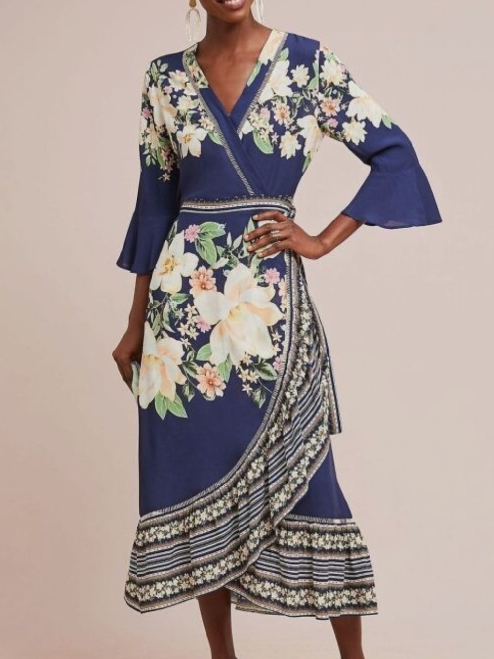 FARM Rio Navy Floral Wrap Midi Dress with Bell Sleeves